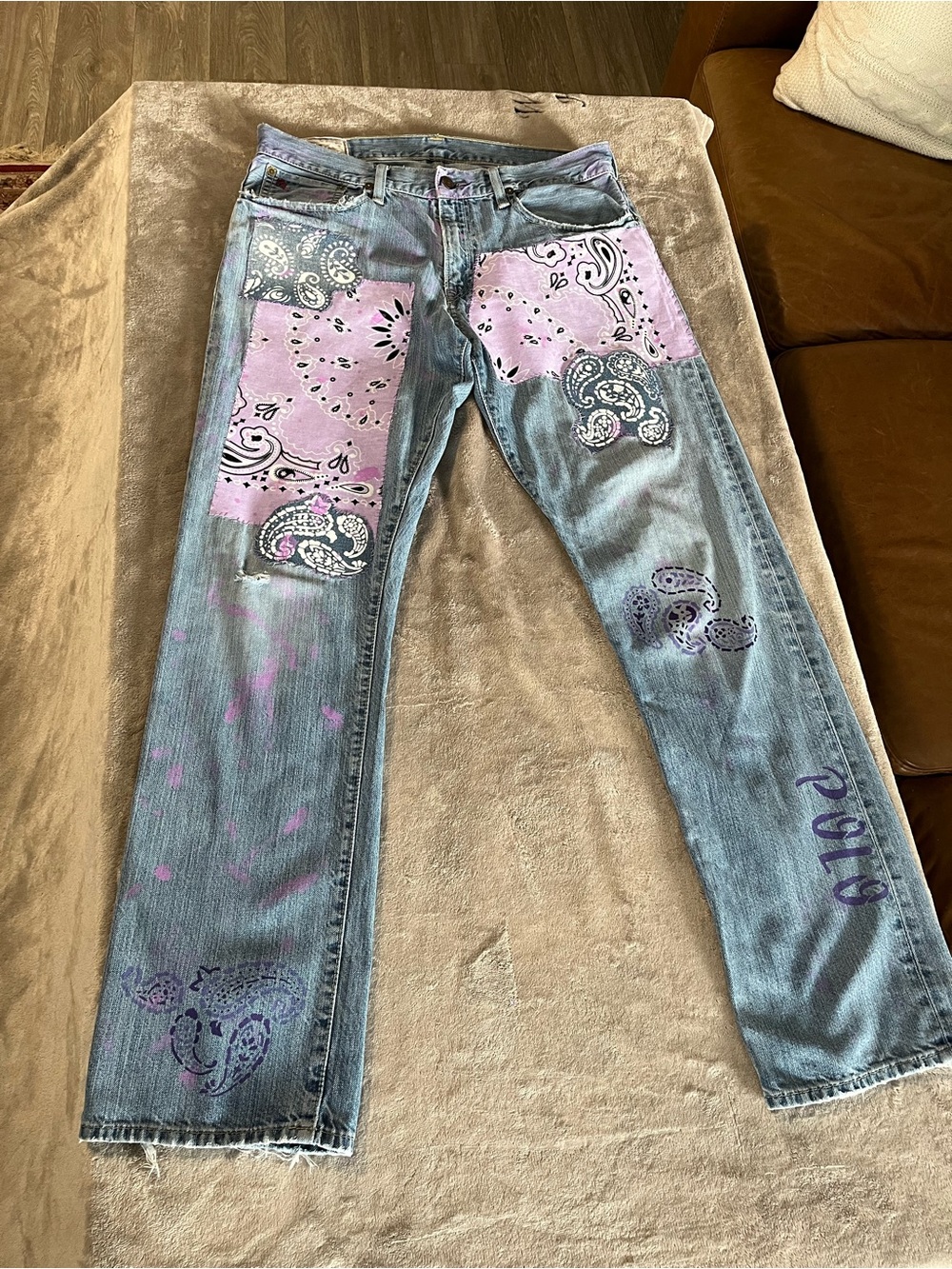 Polo Ralph Lauren Light Wash Straight Leg Jeans with Pink & Purple Bandana patch